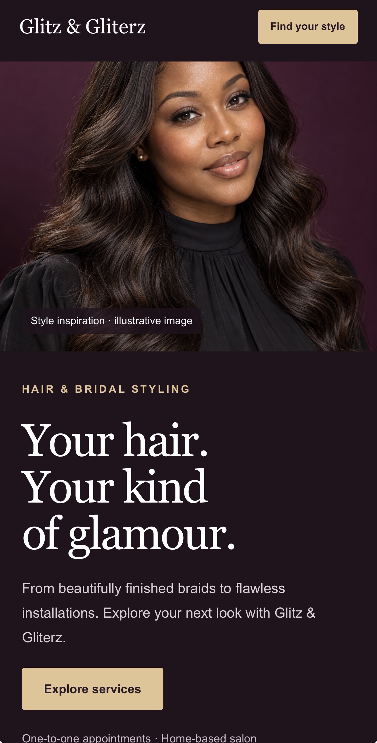 Glitz & Gliterz salon landing page displayed in a phone mockup