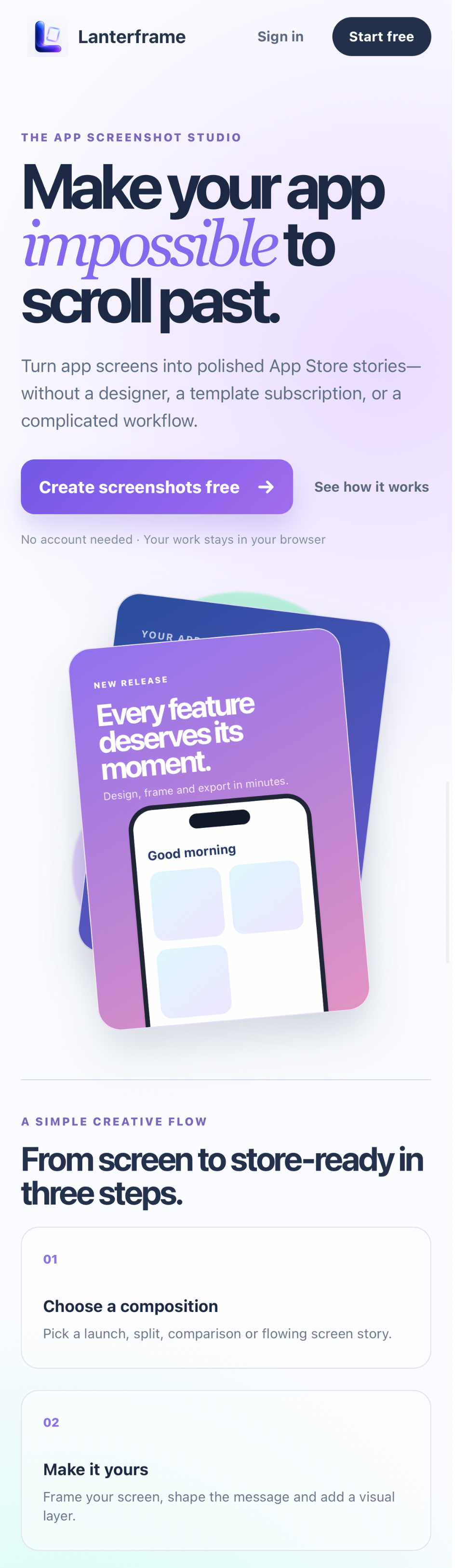 Lanterframe landing page displayed in a phone mockup